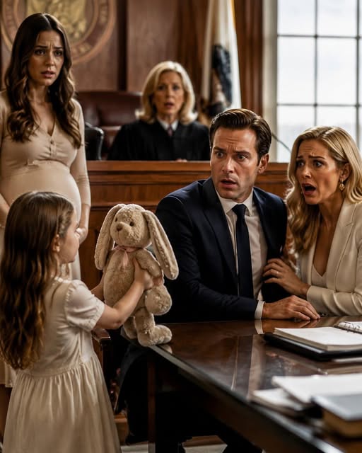 My husband walked into divorce court believing he had already won everything, but a little girl holding a stuffed rabbit destroyed his confidence in front of the judge. She revealed the secret he and his mistress had forced her to hide, and within minutes every plan they had built started collapsing.
