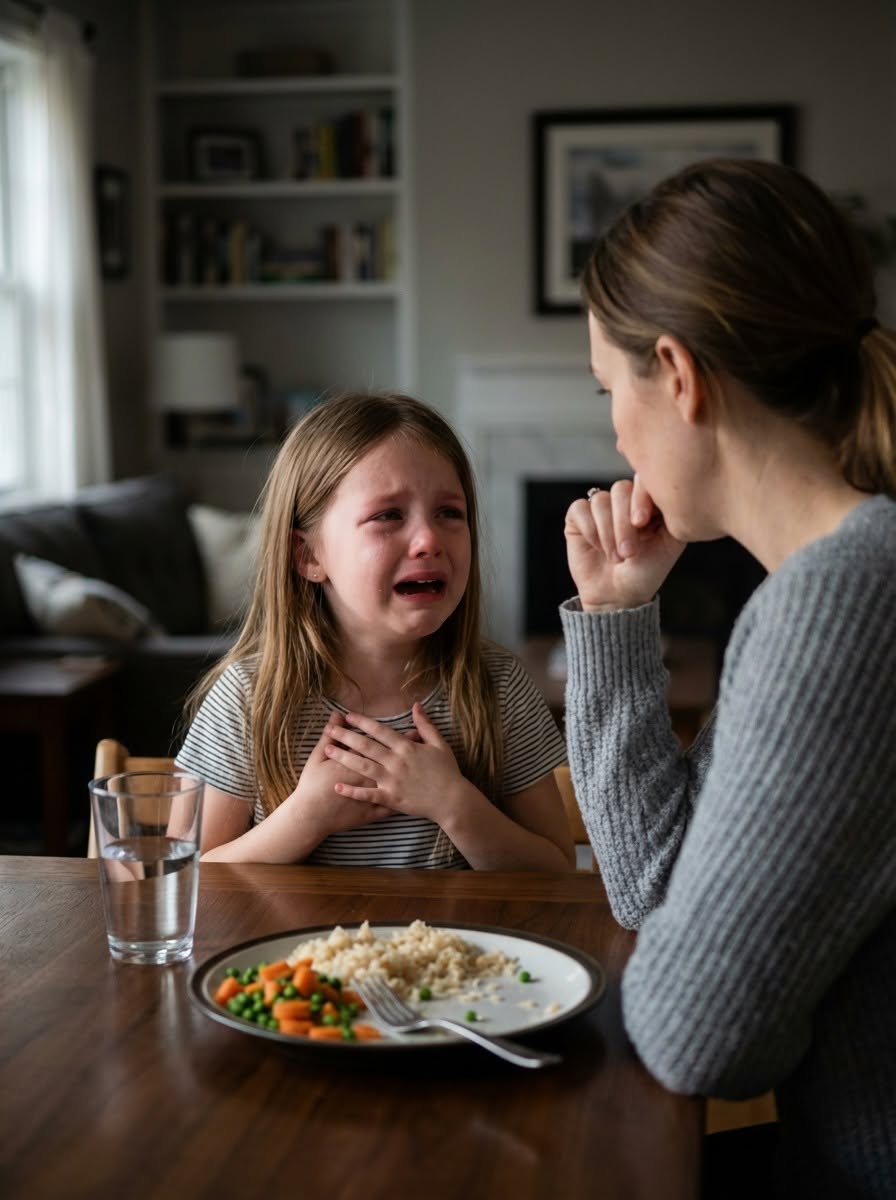 Ever since she moved in with us, my husband’s five-year-old daughter barely touched her food. Night after night, she’d quietly murmur, “Sorry, Mom… I’m not hungry,” and push her plate aside. My husband didn’t think much of it. “She’ll get used to things,” he kept saying. But one evening, while he was away on a business trip, she leaned in and whispered, “Mom… I need to tell you something.” What came out of her mouth next made me grab my phone and call the police immediately.