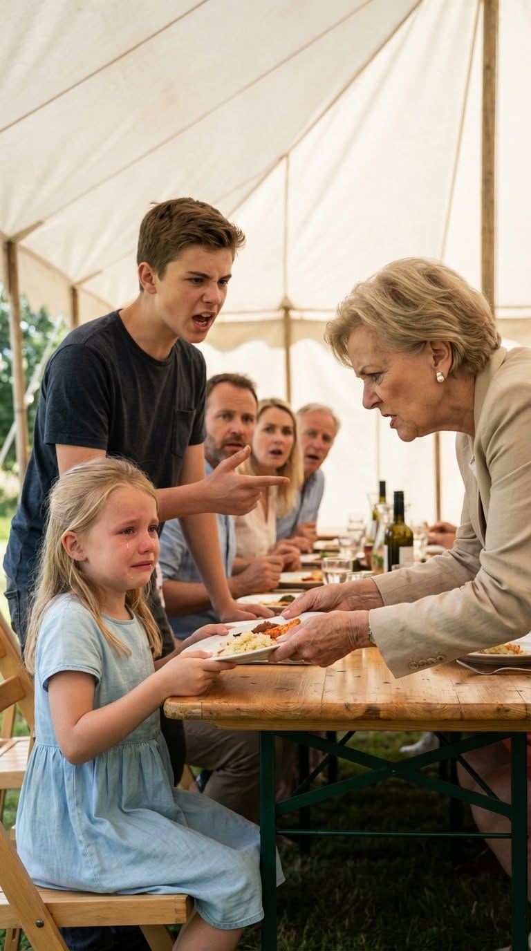 At my mother’s annual garden party, she snatched my eight-year-old daughter’s plate and said, “Adopted children eat in the kitchen.” Seventy-five relatives went d/ea/d silent. I took a slow sip of water and said nothing—until my teenage son stood up and asked, “Grandma, should I tell everyone who really owns this house?” By sunset, her “estate,” her reputation, and her seat at my table were all on the line—then my phone lit up with…