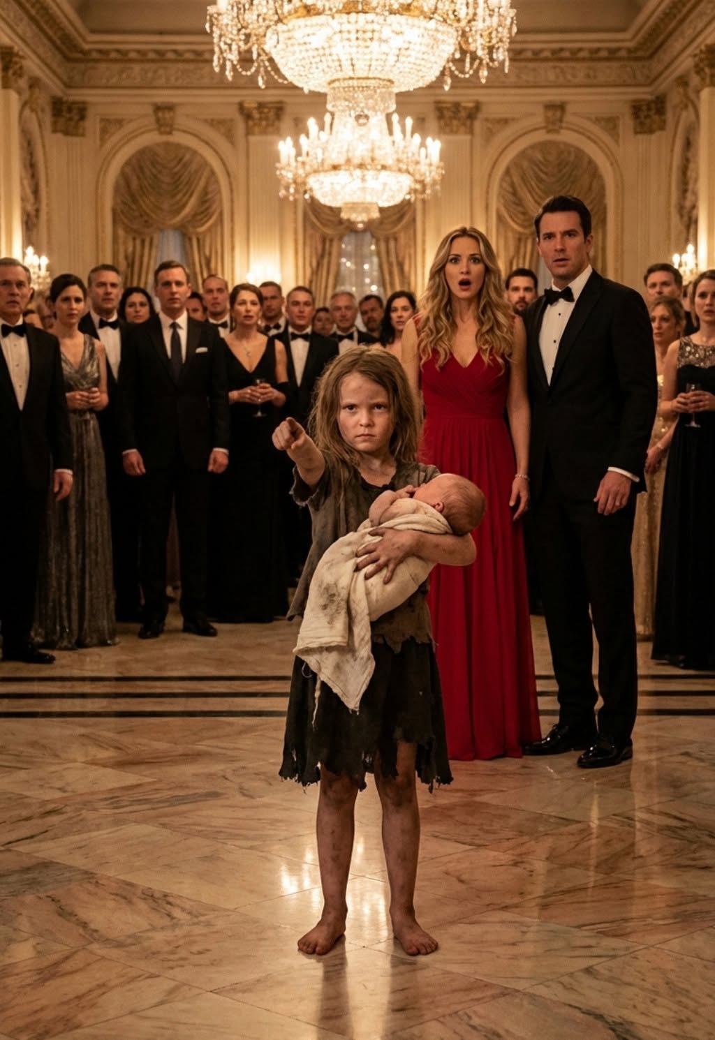 A billionaire was in the middle of celebrating his engagement. Then a homeless little girl suddenly ran into the party, holding a baby in her arms and pointing straight at the bride. The entire room went dead silent.