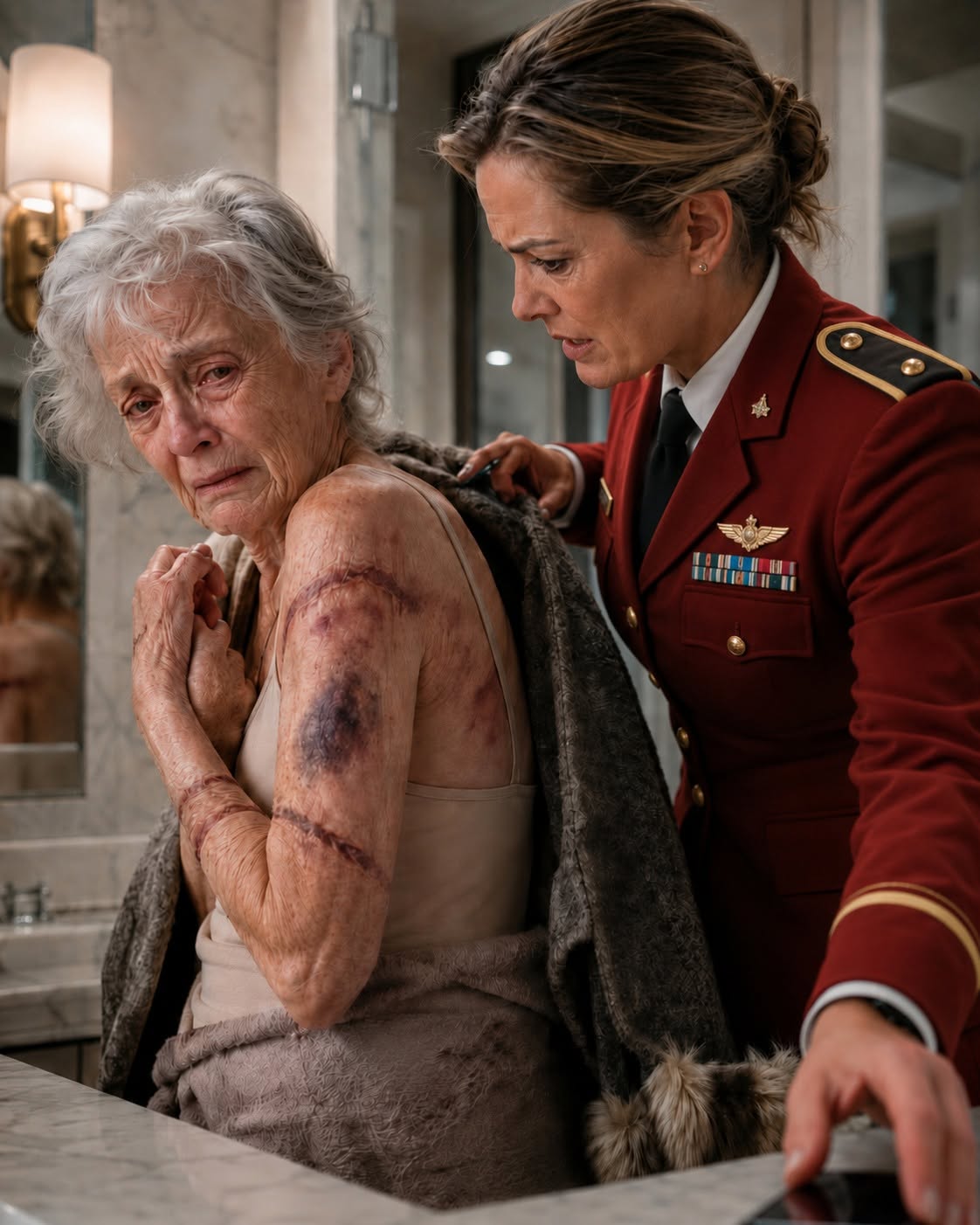 2aI came home to visit my elderly mother, but when I offered to help bathe her, she shrank back in terror. “Please… don’t take off my coat,” she pleaded, her body trembling. The moment I carefully slipped it from her shoulders, I saw dark bruises and rope marks covering her fragile skin.