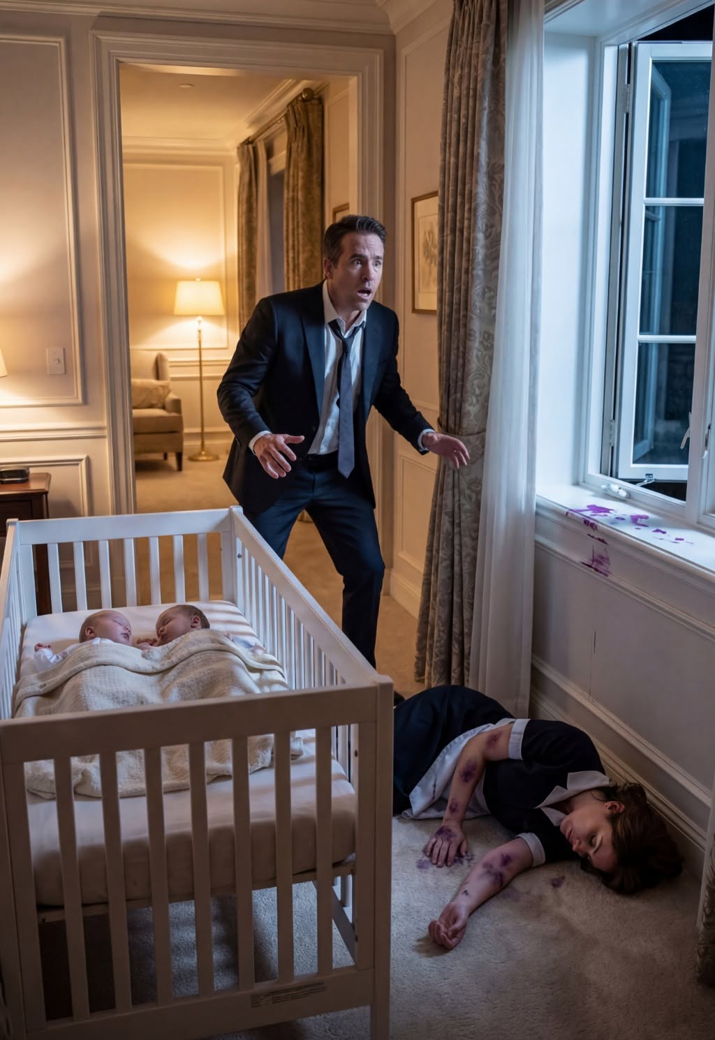 A billionaire returns home and discovers his maid asleep on the nursery floor beside his one year old twins. The ending is sh0cking.