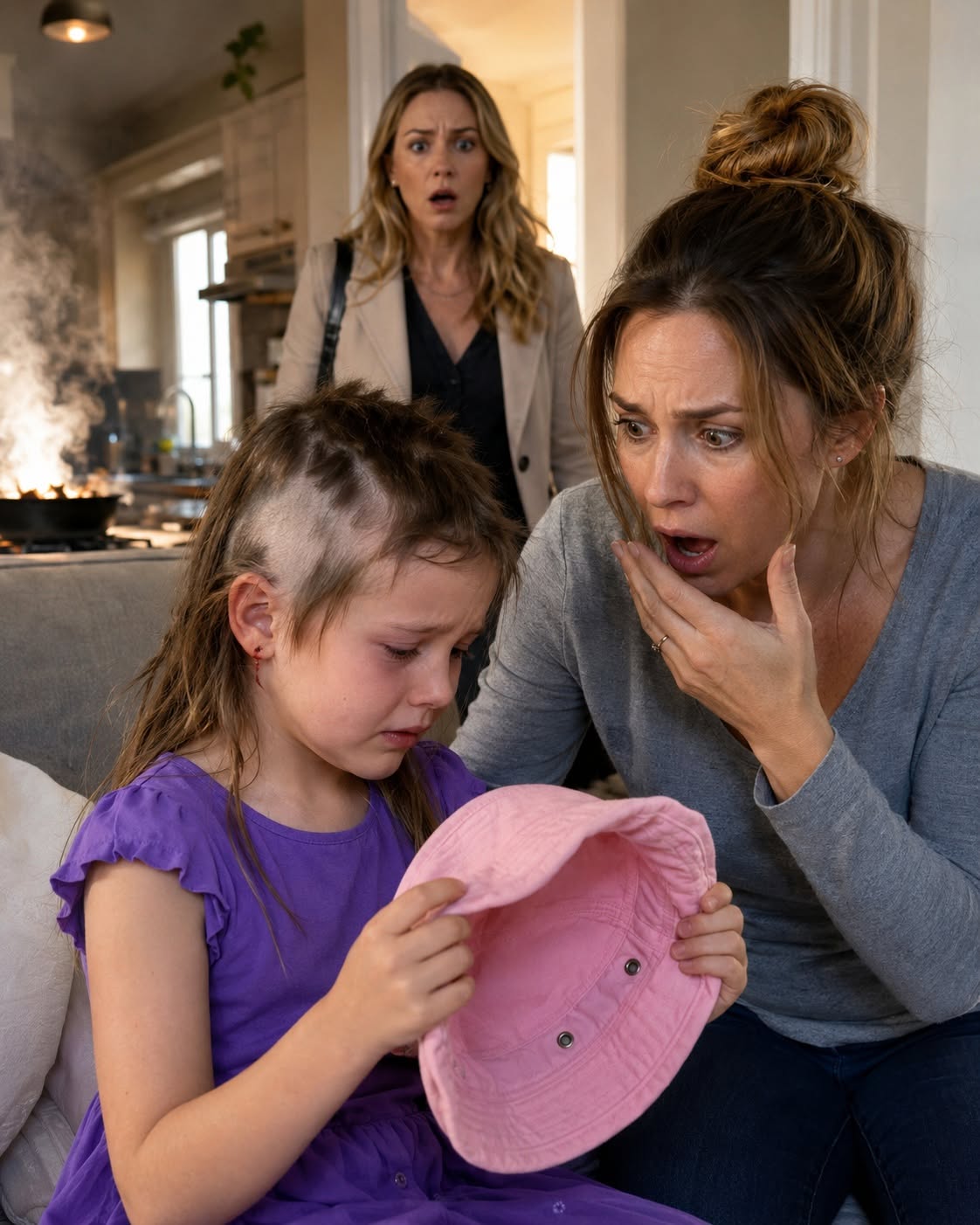 The moment my six-year-old took off her pink bucket hat, I realized someone in my own family had done something I never thought possible. It wasn’t just a terrible haircut—it was the kind of betrayal that leaves scars no child should ever carry. And when I discovered what had been hidden inside a plastic bag, I knew this nightmare was only beginning.