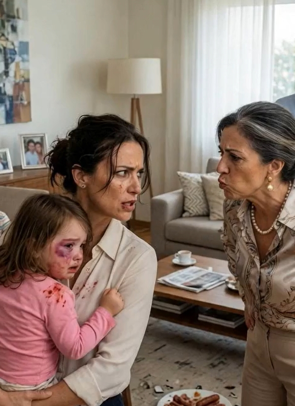 A young mother stood protectively in front of her daughter, desperately trying to convince her husband that the bruises on the little girl's face were not the result of an accident. Before anyone could react, the furious grandmother suddenly struck the child again, leaving the entire room frozen in shock. Through her tears, the little girl slowly looked up at her father and whispered, "Do you believe me now, Dad?"