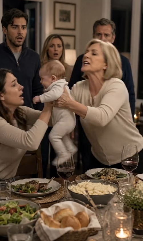 During a tense family dinner, the grandmother suddenly ripped the crying baby from the young mother's arms and coldly declared that she was unfit to raise her own son. As the terrified mother begged for her baby back, the two women desperately struggled over the screaming infant while the horrified dinner guests remained frozen in silence. In the final terrifying moment, the grandmother pulled the baby tightly against her chest and whispered, "You'll never see his face again," as the young mother's expression dissolved into pure horror.
