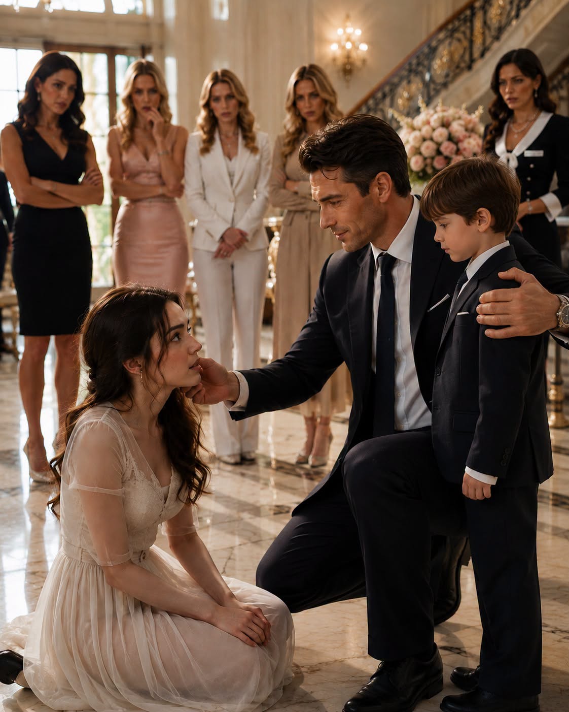 The day my father lined up five wealthy women and told me to choose one as my new mother, everyone expected me to pick beauty, money, or status. Instead, I walked past every designer dress in the room and knelt beside the one woman everyone else treated as if she were invisible. That's when the entire mansion fell silent.