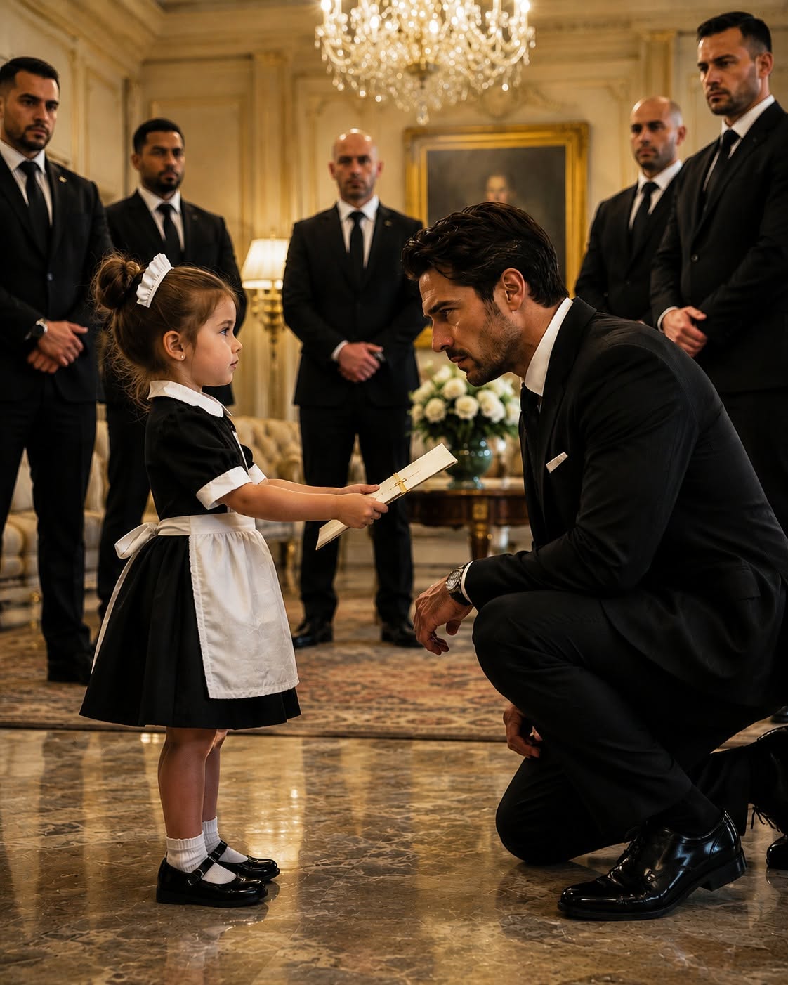 She was just a little girl standing in the mansion of Boston’s most feared mafia boss, wearing her sick mother’s oversized cleaning apron—but the second she whispered, “My mom couldn’t come today,” the ruthless man who terrified an entire criminal empire suddenly froze. Nobody could have imagined that this tiny child would walk straight through a battlefield of betrayal, or that her innocent words would awaken something inside a man everyone believed had died years ago.