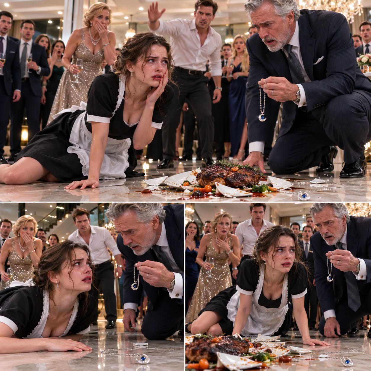At my husband’s welcome party for his colleagues, he dressed me like a servant and ordered me to carry trays. When the roast burned, he slapped me before everyone. “You’re useless,” he hissed. The blow sent my silver necklace skidding across the floor. His billionaire boss picked it up—and suddenly went pale. “Where did you get this?” he whispered. Then he stared into my eyes and said, “My daughter vanished twenty years ago…” My husband laughed, unaware that his destruction had just begun.