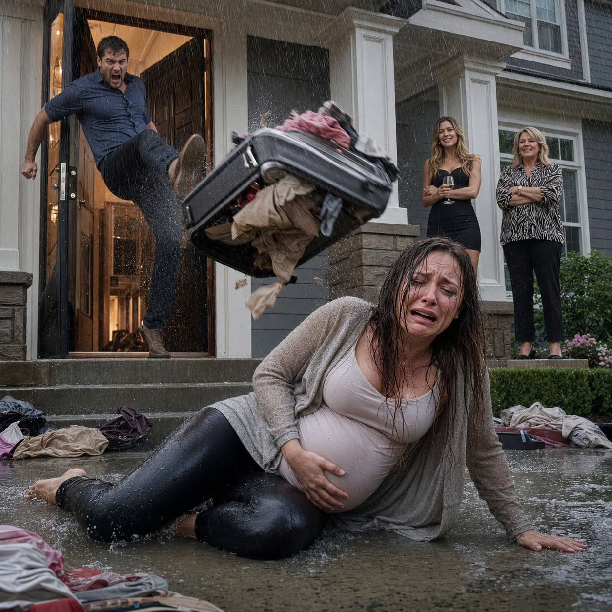 4My husband threw me out into the rain—six months pregnant—while his mistress laughed beside him. His mother spat in my face and said, “You never belonged in this family.” I picked up my mother’s ring, dialed a number, and whispered, “Dad… come get me. And bring the lawyers.” Fifteen minutes later, the street was filled with black SUVs, and the man who had called me “nothing” finally discovered who owned the world he’d been living in.