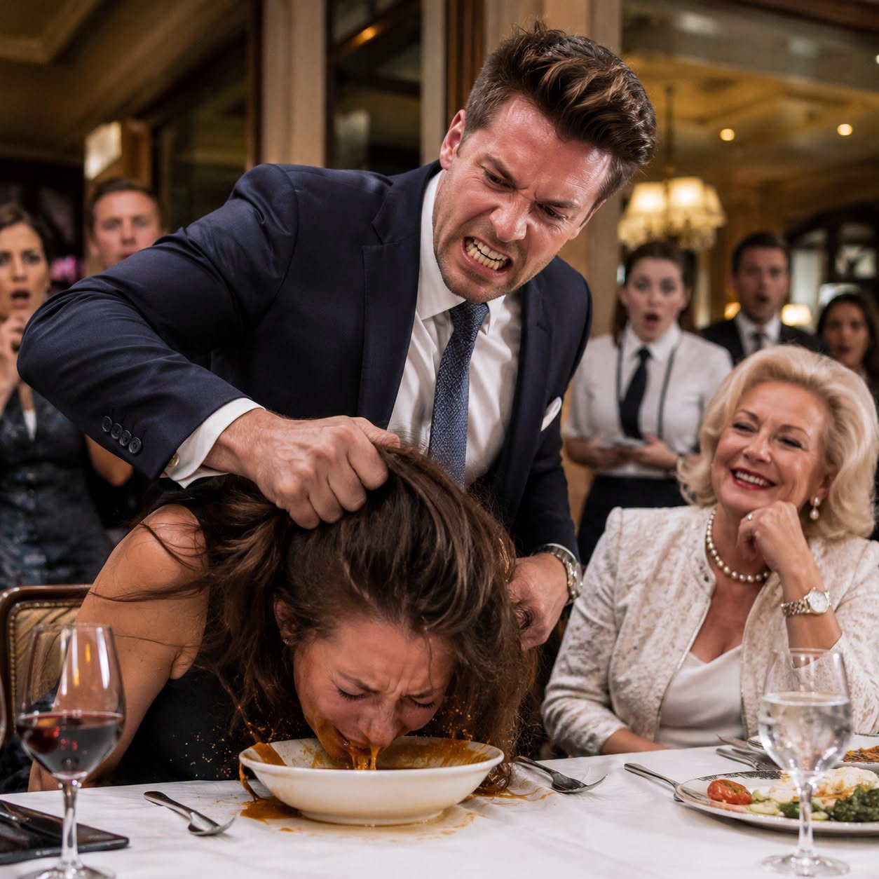 My son-in-law grabbed my daughter's hair right in front of everyone in the restaurant and forced her to bow her head. His mother laughed and said, "That's how you discipline your wife." My daughter cried like a frightened child... but when I stood up, she understood that the silence had ended.