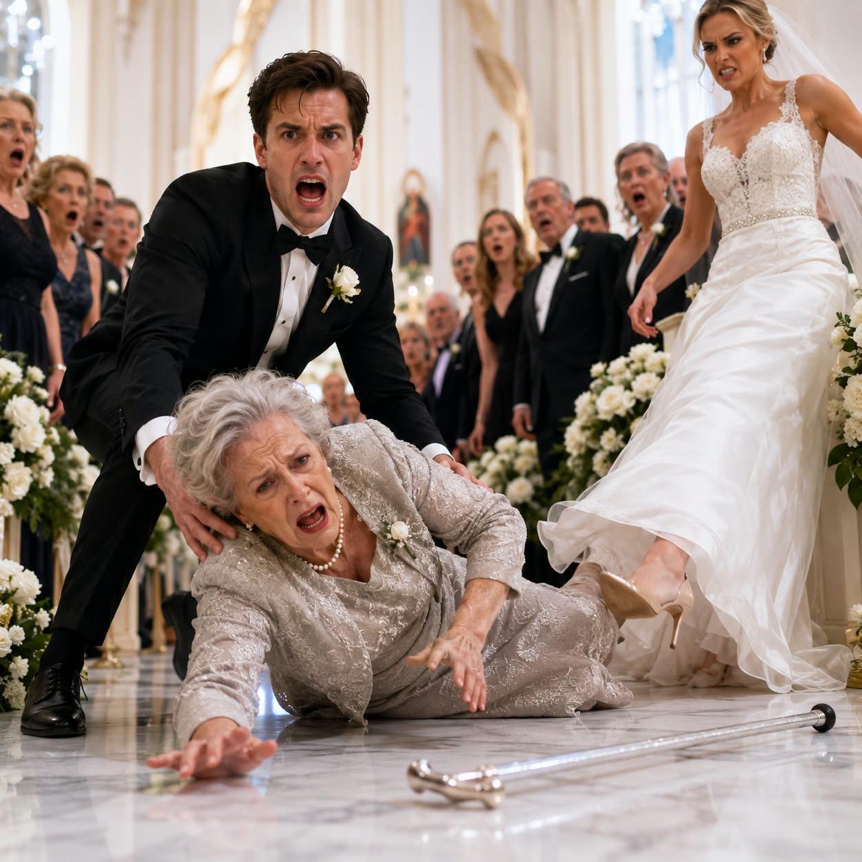 Minutes before our wedding, I saw my fiancée kick my mother’s cane away and send her crashing to the floor. I caught Mom in my arms and shouted, “Are you insane?” My bride straightened her veil and snapped, “She fell on her own. Don’t ruin my day.” I looked at the guests, then at the woman I almost married. “The wedding is canceled,” I said—and she had no idea what I planned to take from her next.