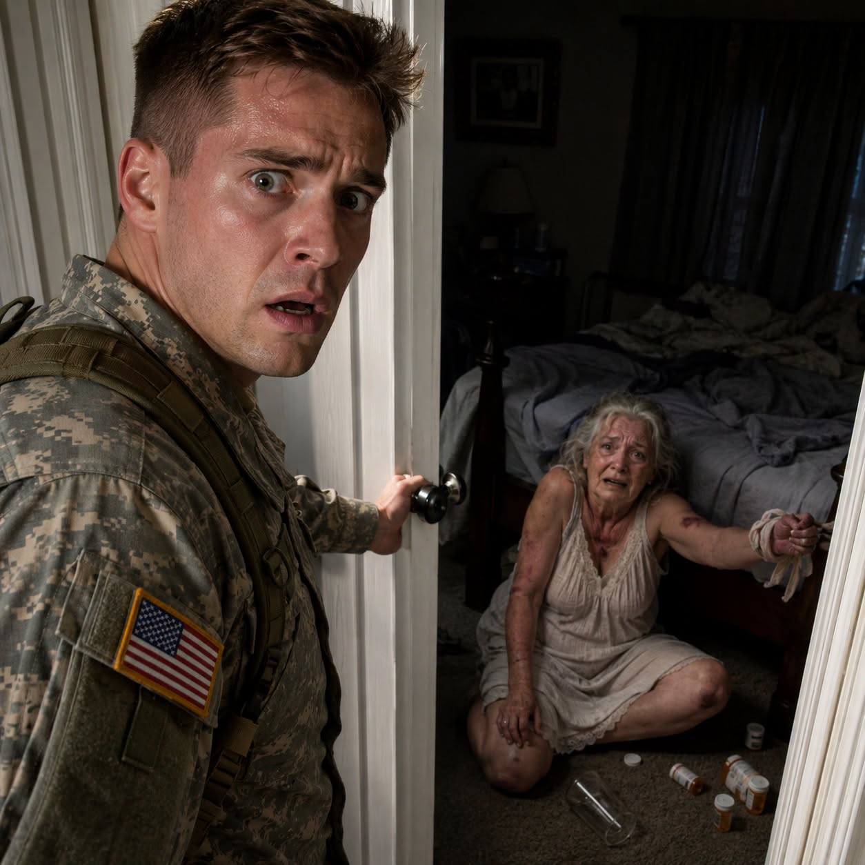 When I came home from deployment, my wife whispered to the neighbors, “His mother has dementia—she hurts herself.” But Mom was locked in a dark bedroom, bruised, fully lucid, and terrified. I smiled, played along, and secretly recorded my wife bragging, “No one will trust that old woman.” The next morning, I handed the psychiatrist my evidence instead of Mom’s file—and watched my wife leave in handcuffs while Mom finally came home with me.
