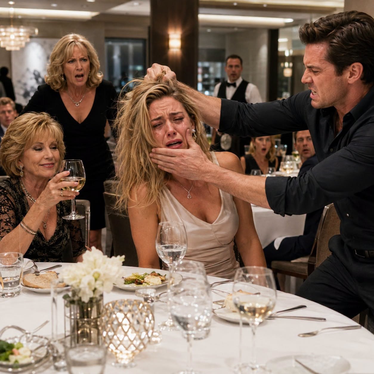 2My son-in-law grabbed my daughter's hair right in front of everyone in the restaurant and forced her to bow her head. His mother laughed and said, "That's how you discipline your wife." My daughter cried like a frightened child... but when I stood up, she understood that the silence had ended.