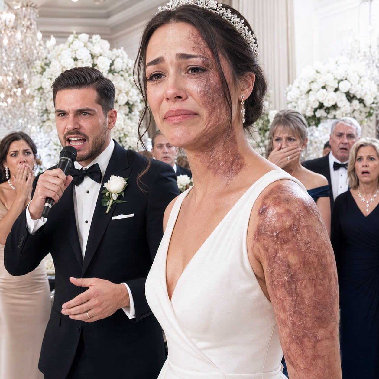 At our wedding, guests mocked my scars and said my husband must be blind to marry me. Then he took the microphone and revealed the reason why I have those scars… and silenced the entire room.