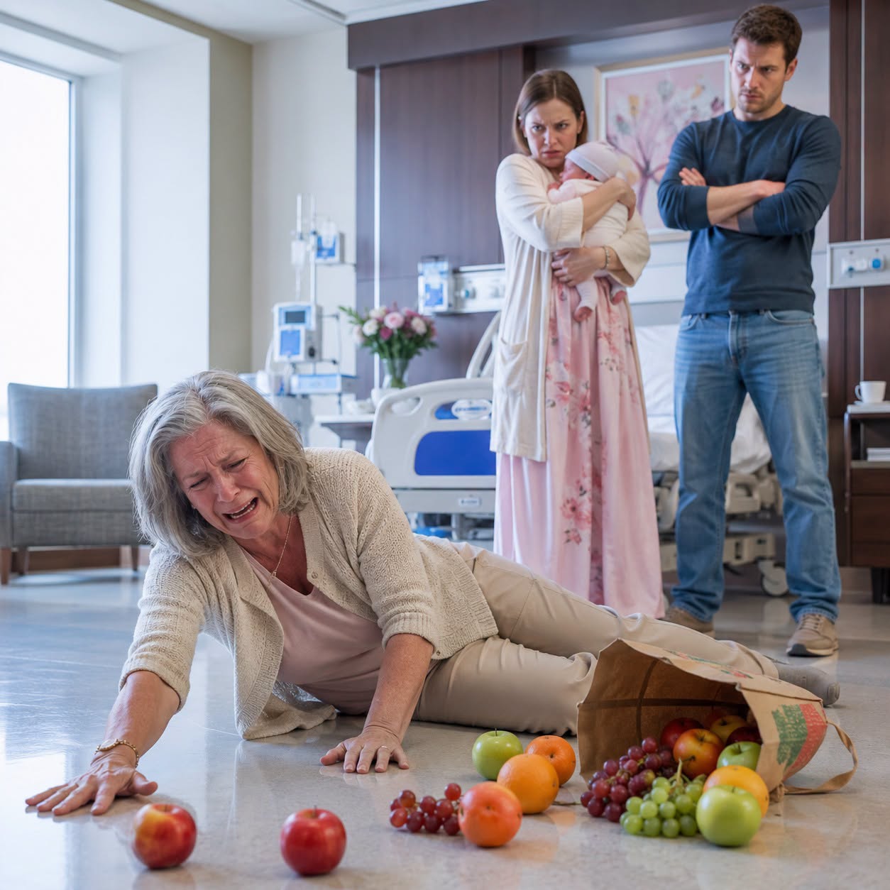 I entered the hospital room eager to meet my newborn grandson, but my daughter-in-law pulled him away. “Stay back, you filthy old woman! You’ll infect my son!” She shoved me hard, sending me crashing to the floor. My own son stood nearby with folded arms, watching calmly and nodding. I slowly rose, brushed off my coat, and smiled. “Then don’t take anything that belongs to this filthy old woman…” By morning, they would discover exactly what I meant.