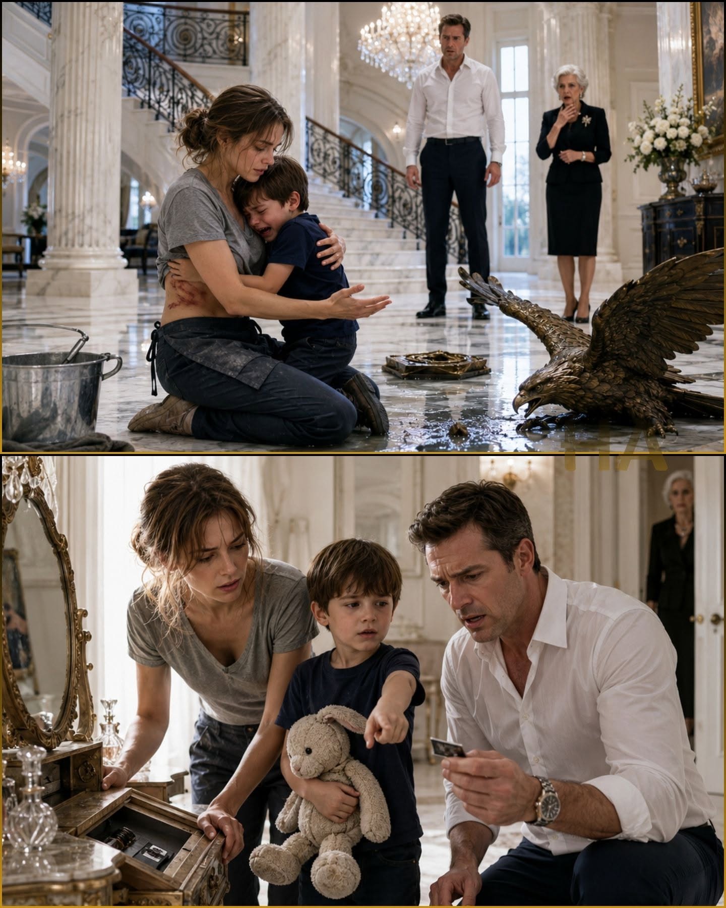 When a Broke Cleaning Girl Knelt Before the Billionaire’s “Monster” Son and He Whispered “No,” the Blood on the Last Nanny’s Uniform Suddenly Made Sense, Because the Mansion’s Most Trusted Woman Had Been Guarding One Locked Door, One Dead Mother’s Warning, and a Secret Powerful Men Were Terrified a Child Would Remember Before His Father Finally Learned That Silence Was Never Obedience, Only Survival