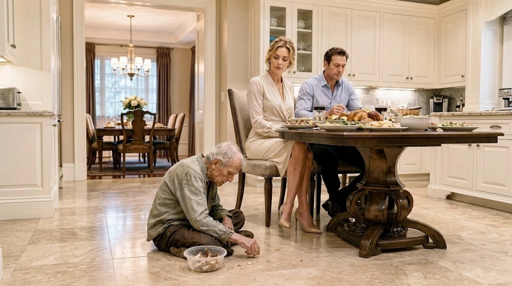 The couple continues eating at the table while indifferently tossing pieces of food down to their father **