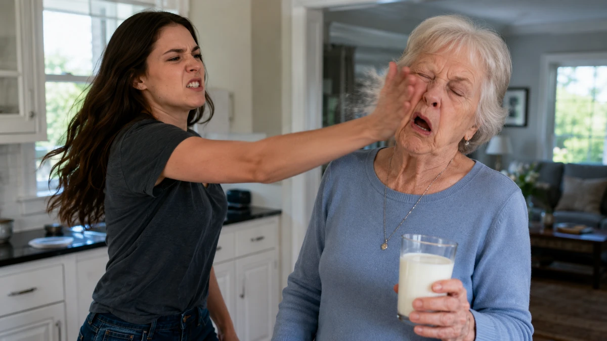 ** The daughter-in-law hit her mother-in-law for daring to drink a glass of milk from the refrigerator, but she had no idea her husband saw it all **