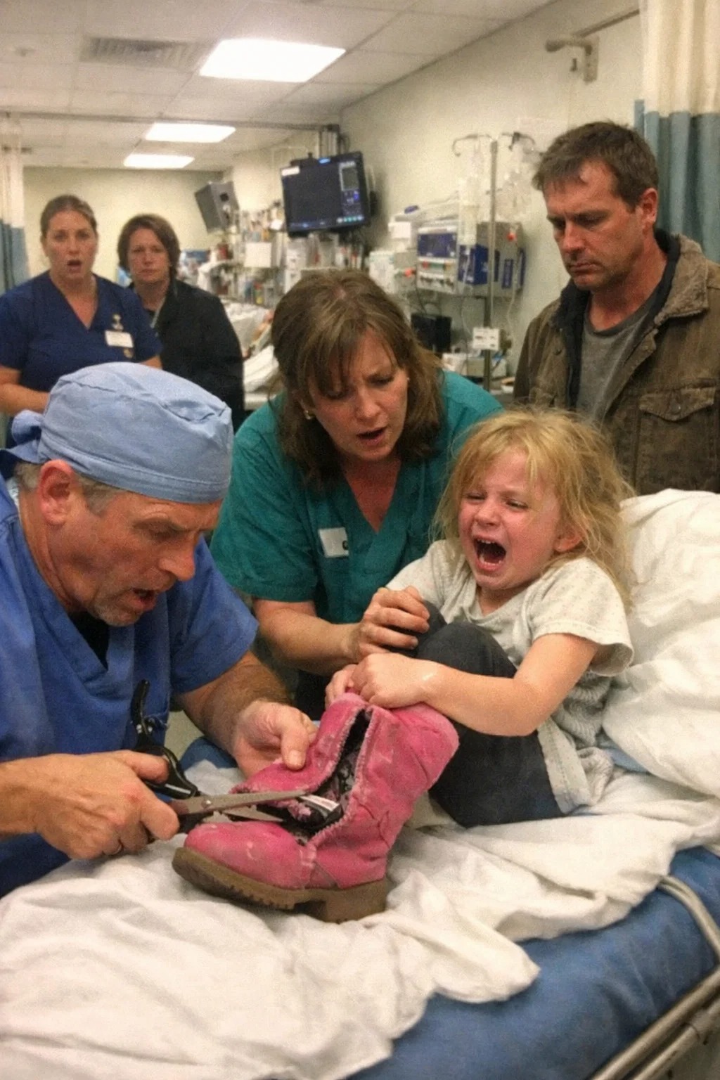 A 7-Year-Old Girl Screamed When Nurses Tried to Remove Her Boots in the ER — “Don’t Take Them Off, He Said the Bad Will Come Out,” She Begged, But When the Surgeon Cut Them Open, the Entire Room Froze in Horror