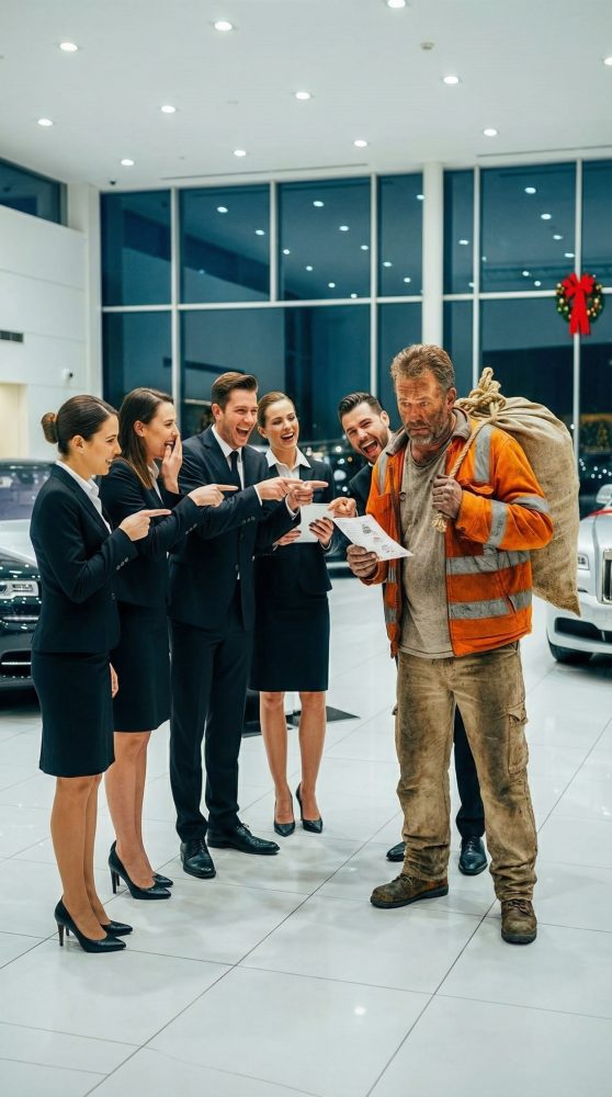 The entire Rolls-Royce showroom burst into laughter when the ragged garbage collector stepped inside.