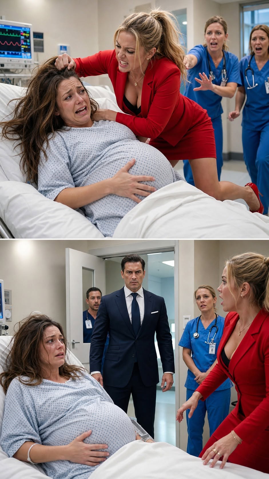 I was lying in the hospital bed, one hand on my pregnant belly, when she stormed in and hissed, “You think carrying his child makes you untouchable?” Before I could scream, she grabbed my hair and shoved me down.
