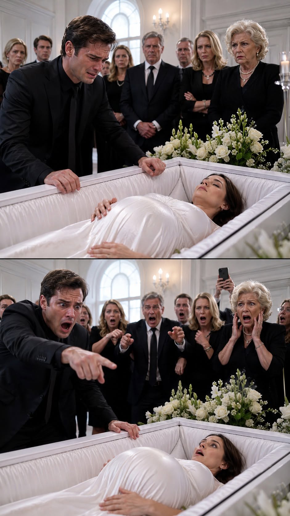 I stood by her coffin, hands shaking, trying to be a “strong husband” while my unborn child slept inside her. “Just… let me see her one last time,” I whispered. The room went silent as I leaned in—and her belly shifted. Not a shadow. Not my grief. A real movement. “Did you see that?” I gasped. Someone screamed, “Call the doctors—NOW!
