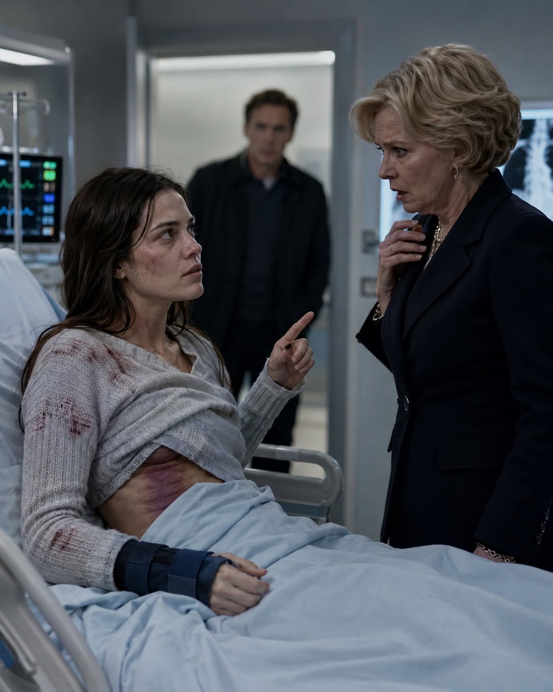 She didn’t mean it,” my husband begged while I lay there hurting. “Please, let’s keep this within the family.” But when the doctor examined my injuries, he refused to look away from what was right in front of him. And what the scans uncovered… changed everything. I watched the color fade from her face.