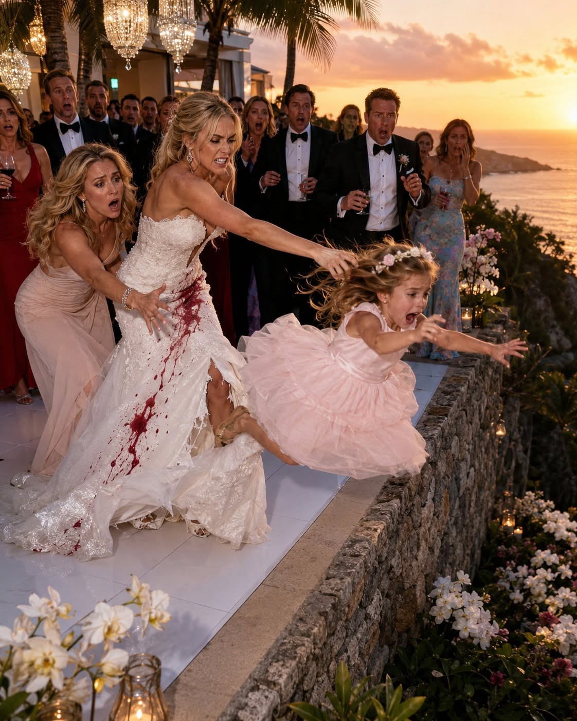 I never told my parents I paid the $2 million bill for my sister’s wedding on my private island. They believed the groom’s family was that rich. At the reception, my 8-year-old daughter accidentally stepped on the wedding dress. My sister shoved her off a 2-meter drop. When I tried to call 911, my mother slapped me, hissing, “Stop ruining her big day, you jealous loser.” My father kept striking my child’s face, yelling, “Get up. Stop pretending" That was the moment something inside me went silent. I made one call. “Cancel the wedding.” Then I gently lifted my child into my arms and walked away, leaving them standing in the ruins of a celebration they never deserved.