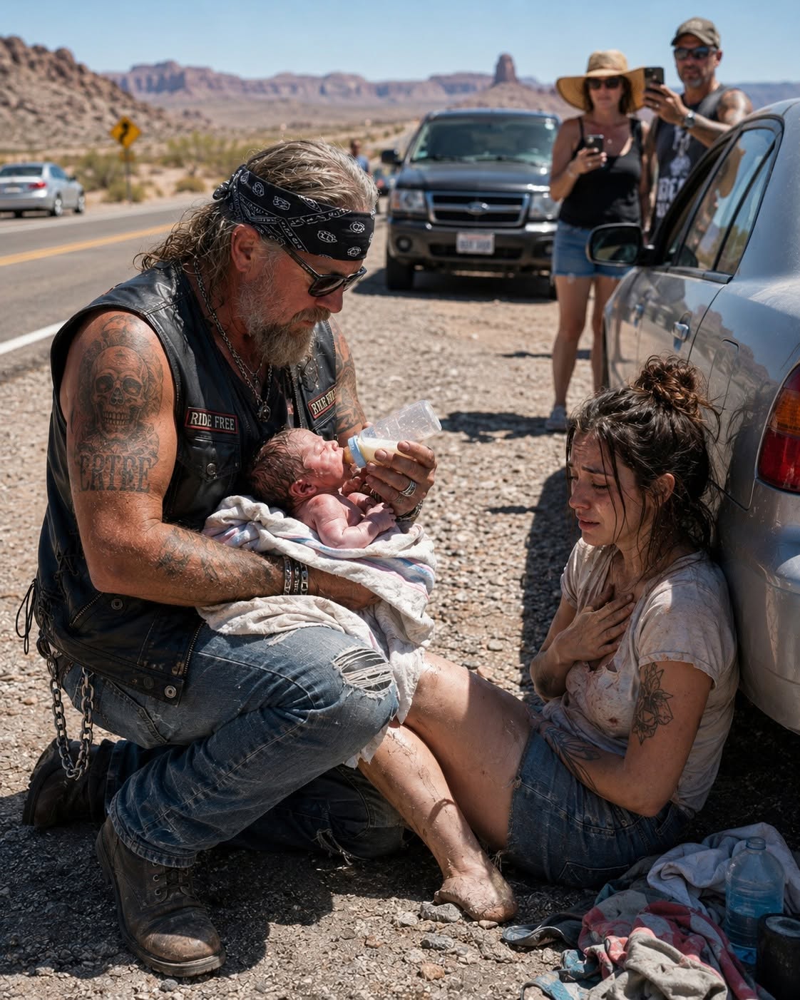AN ELDERLY BIKER WAS MISTAKEN FOR A DANGER AFTER STOPPING FOR A NEWBORN ON A DESERT HIGHWAY — UNTIL POLICE DISCOVERED WHY HE ALWAYS KEPT BABY FORMULA IN HIS SADDLEBAG
