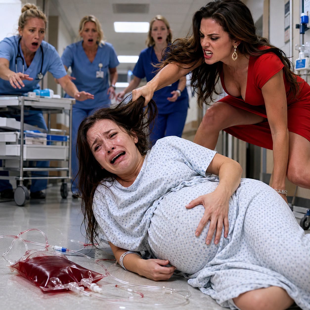 A pregnant woman lies on the hospital floor, her hands clutching her belly to protect her unborn child… when her rival rushes in, grabs her hair, drags her, and brutally assaults her right in the middle of the hallway!