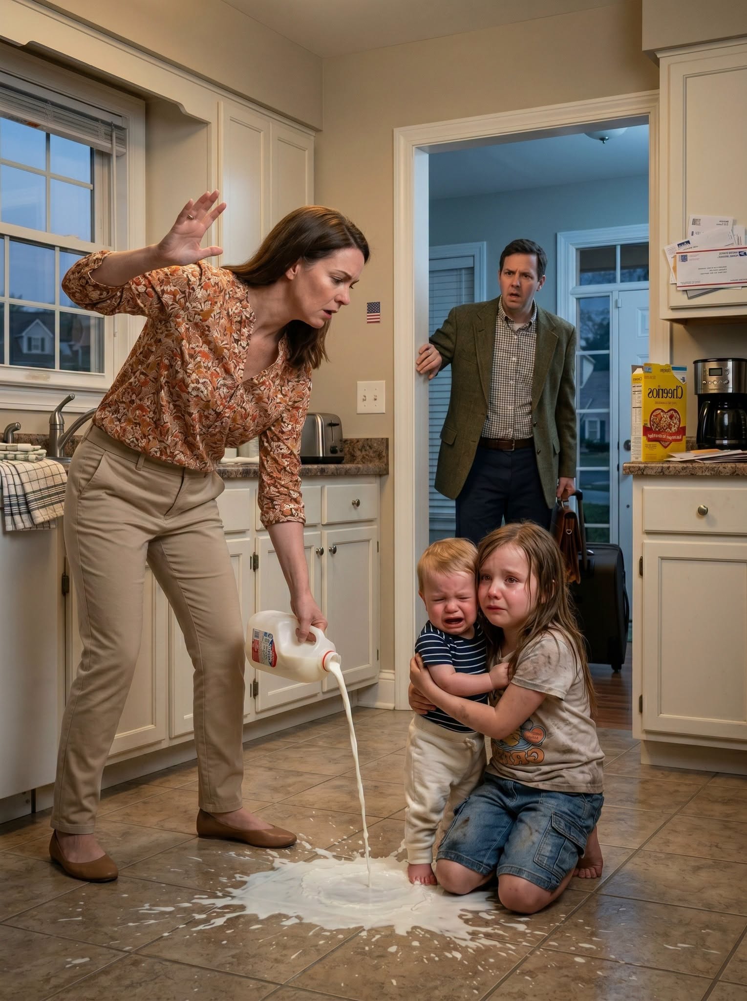 "Mom, please don't hurt us. We haven't eaten in three days," my 6-year-old cried behind the locked door. My second wife laughed, spilled milk across the floor, and lifted her hand to hit. I rushed in—then stopped cold. Because she murmured a terrifying secret about my late wife’s sudden death...