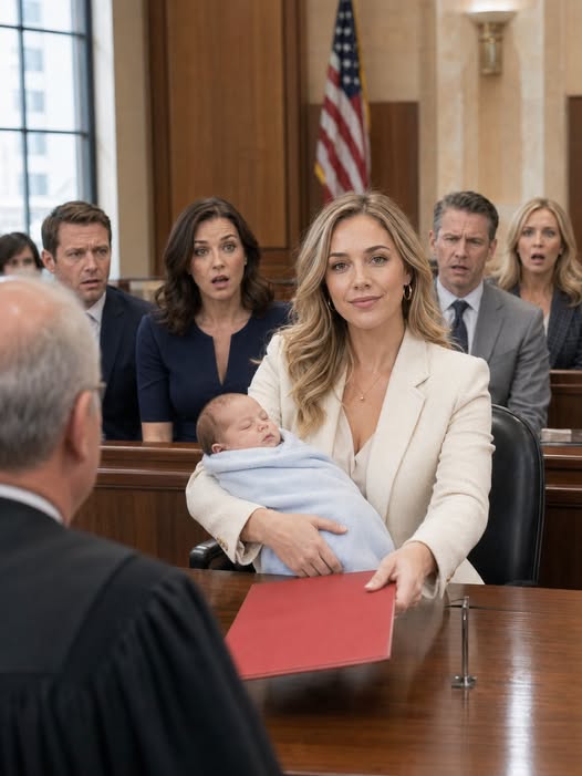 I entered the courtroom carrying my newborn son while my husband’s attorney smiled as if I had already lost. He believed the red folder in my hand was a request for mercy. But when I set it in front of the judge and said, “Your Honor, this baby is not why I’m asking for protection — he is the evidence,” my husband’s face drained of color, because every lie he had bu:ried was inside that folder.