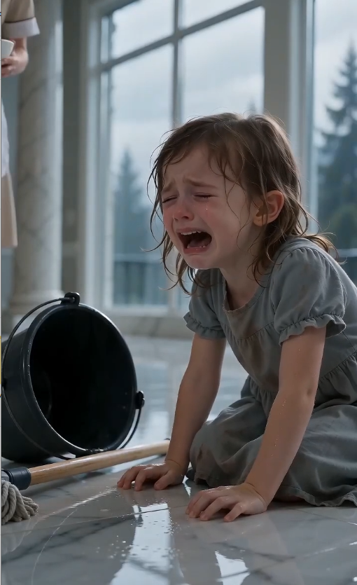 The mop handle slammed across the marble floor as the little girl collapsed to her knees in tears.