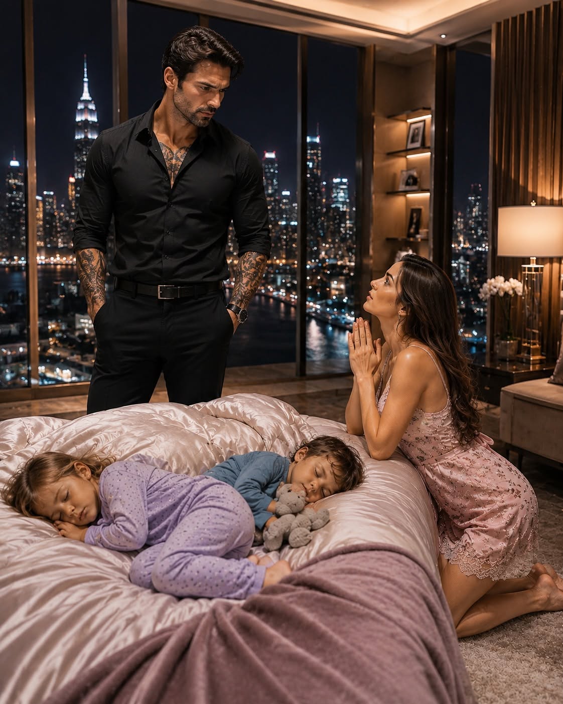 I hid my three-year-old twins inside the Presidential Suite of New York’s most feared mafia boss, convinced he wouldn’t return until the next day. Instead, he found them asleep in his bed—and before I could beg for mercy, police officers arrived looking for my children while the man everyone feared quietly decided whether to protect us or destroy us.