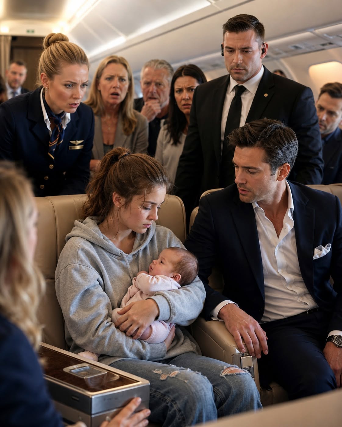 My six-month-old daughter screamed for three straight hours at 35,000 feet—and not one doctor, flight attendant, or expensive trick could calm her. Then a teenage girl from economy stepped into first class, took Lily from my arms, and whispered, “I know what she needs.” Minutes later, she revealed a secret about my dead wife that nearly brought me to my knees.