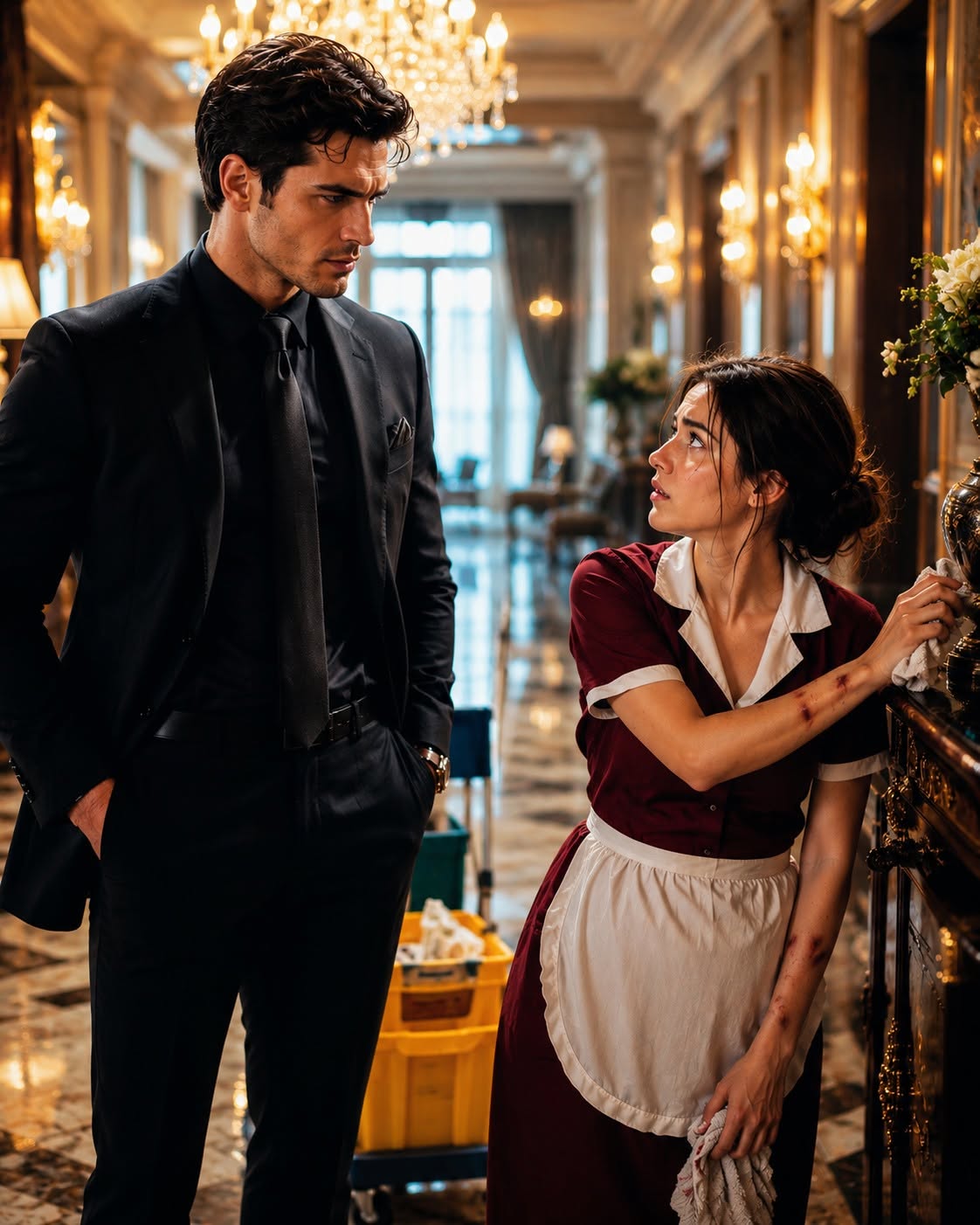 At two in the morning, the most feared man in the city came home and found a pregnant maid cleaning his hallway. When her sleeve slipped down, he saw bruises around her wrist. Then he noticed the small scar above her eyebrow and realized the exhausted woman standing in his mansion was the little girl he had once promised to protect.