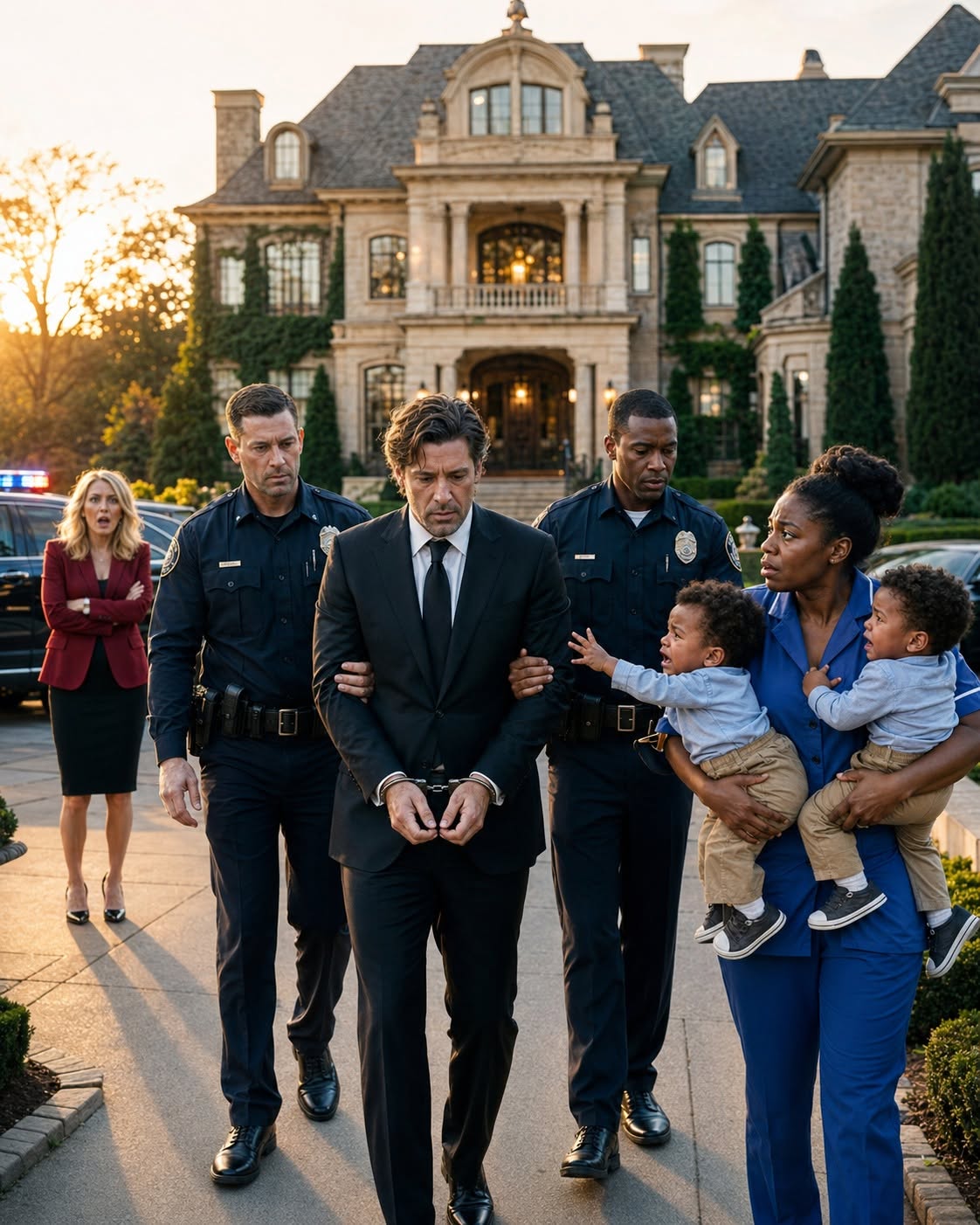 They handcuffed me in front of my two-year-old twins at six in the morning, while my wife watched without shedding a single tear. But the most terrifying part wasn’t the arrest—it was what our trembling maid had hidden in her tiny room, and the moment my wife whispered through that locked door, I realized someone in my house had been waiting for me to fall.