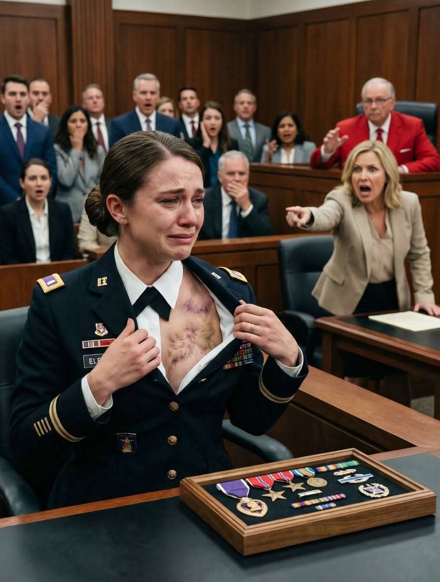 I stood frozen as I watched my own mother swear under oath that I had never served my country. She looked the judge dead in the eye, pointed at the scars hidden beneath my clothes, and claimed they were fake. Before a packed courtroom, she callously declared that I had fabricated twelve years of military service, bought my medals online, and built my entire life on a foundation of lies. The jury believed her. The reporters furiously took notes, catching every single word. Even my younger brother was smirking triumphantly, convinced he had already won. But none of them knew one thing—I was counting down the minutes. Because right outside those courtroom doors, the only people who could prove my truth were on their way. And when those doors finally fly open, my family’s ultimate lie will come crashing down.