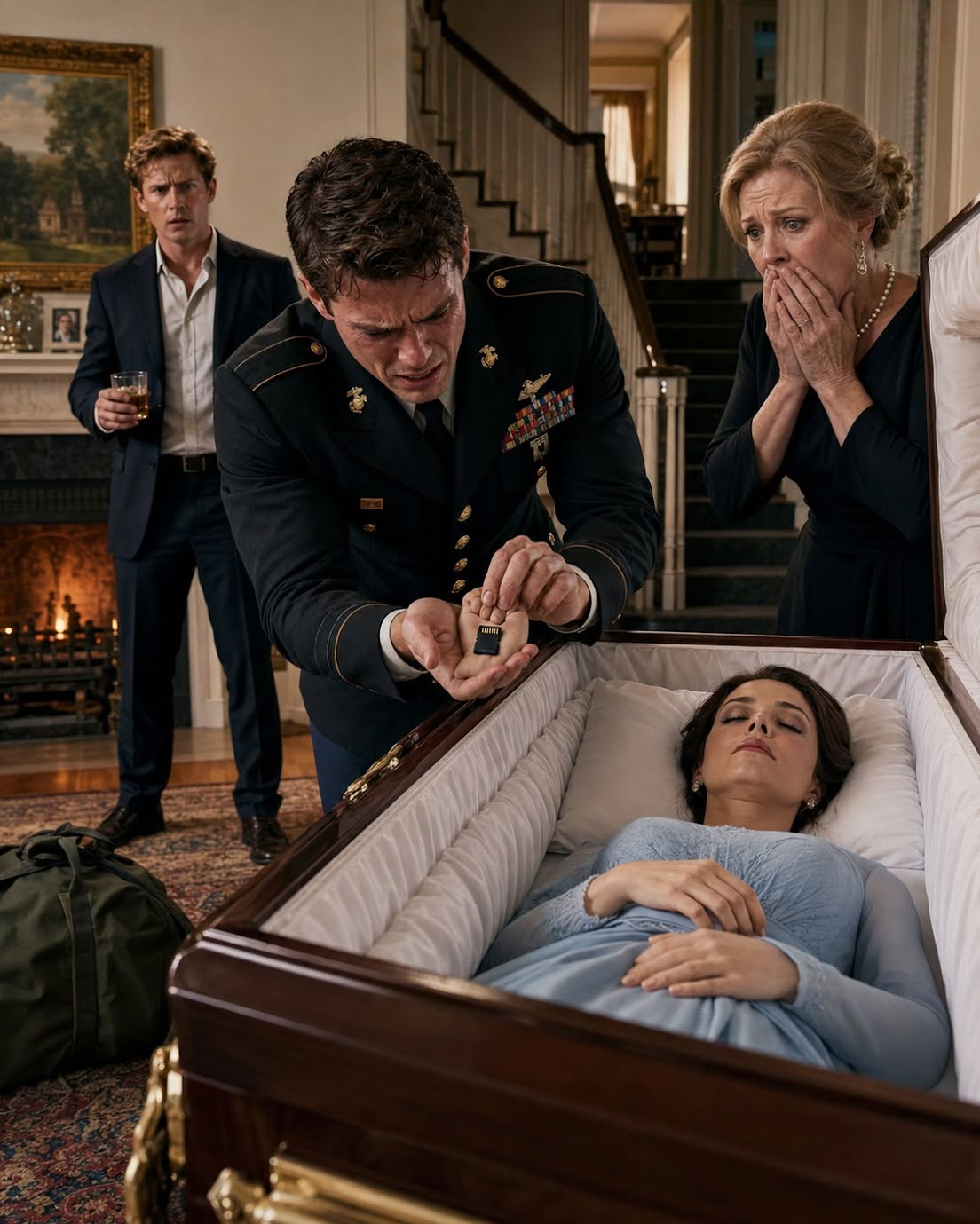 I returned home from military service, hoping to see my wife's smile. Instead, I found a coffin in the middle of the living room. ""She d:ied in childbirth..."" my mother said in a cold voice that sent shivers down my spine. I approached, trembling, to see her one last time... and then I realized. My wife's stiff hand was still clutching something. And my mother turned pale when I tried to pry her fingers apart.