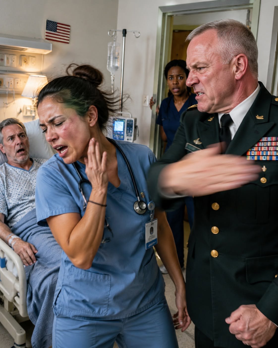 At Mercy General, a lieutenant colonel slapped nurse Elena Vasquez for refusing to change his brother's IV rate. She did not argue. Forty-seven minutes later, the man whose son she had saved in Kandahar set her service folder on the table, and the colonel's face went pale.