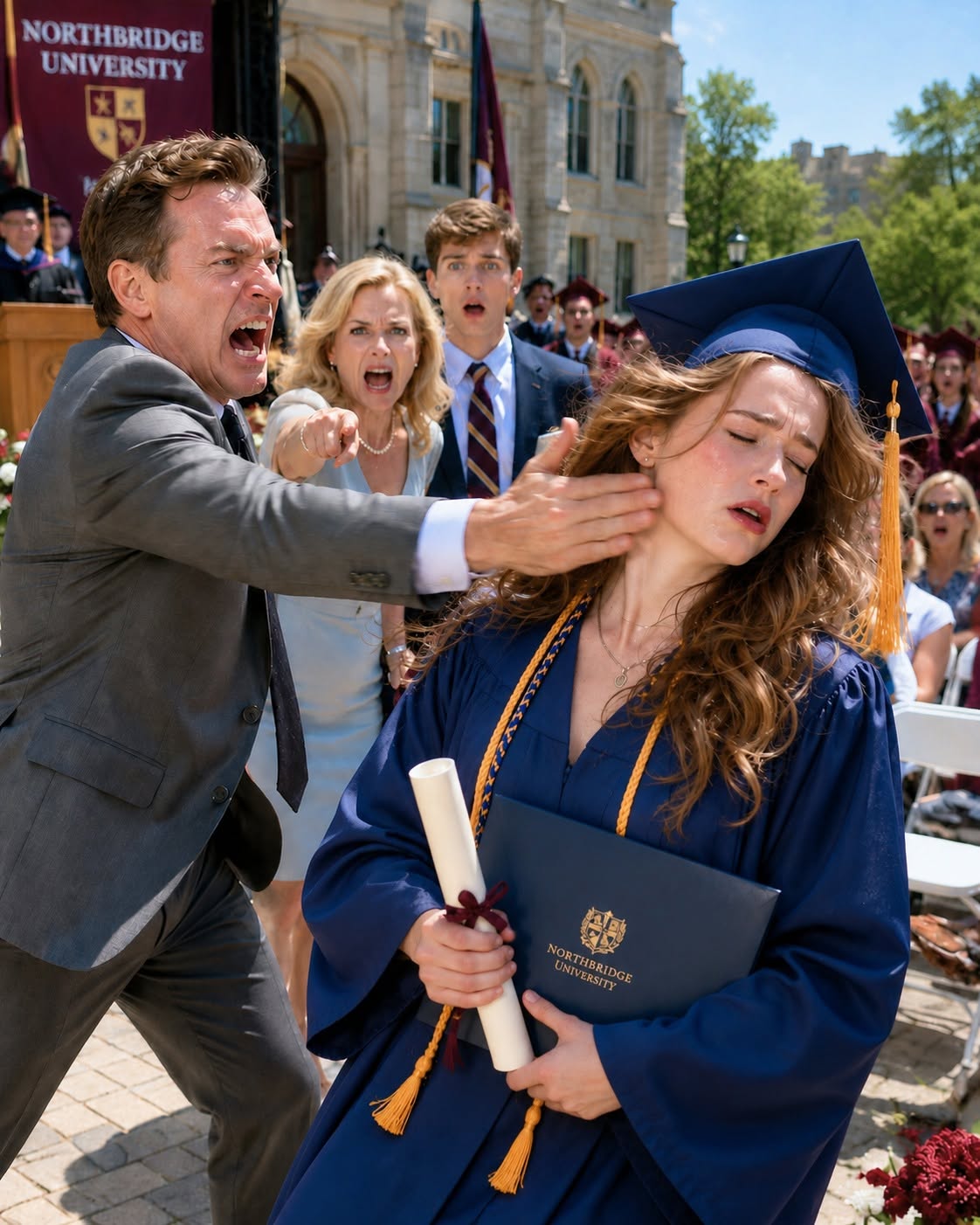 My father slapped me so hard during my college graduation that my cap flew across the courtyard while my mother pointed at me and screamed, “You’re nothing but a loser in a graduation gown!” They thought humiliating me in front of hundreds of people would finally break me. What they didn’t know was that I had spent the last four years gathering proof of the secret they had buried, and within minutes, everyone watching would discover who the real frauds were.