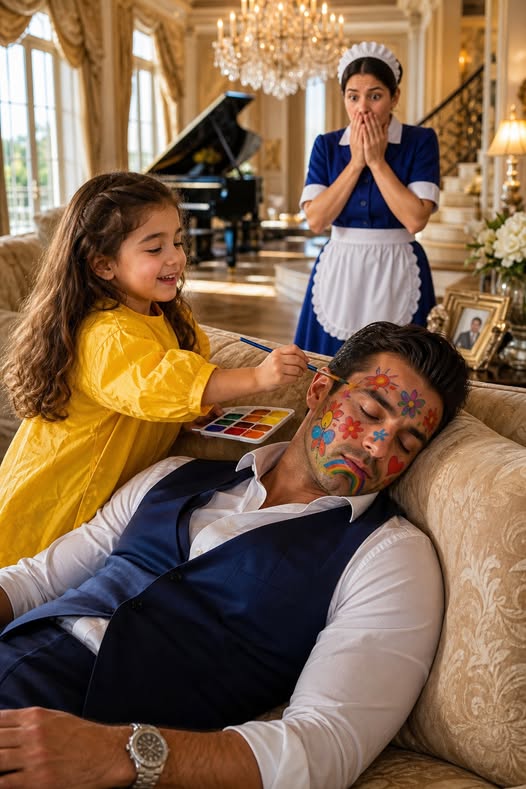 "The billionaire pretended to be asleep to test his maid’s little girl—but when I opened my eyes, my face was covered in paint, and my heart was the thing that broke. I thought I was about to expose someone, the way money had taught me to do. Instead, a three-year-old girl looked at me with a brush in her hand and revealed a truth I had spent years hiding from everyone, including myself.