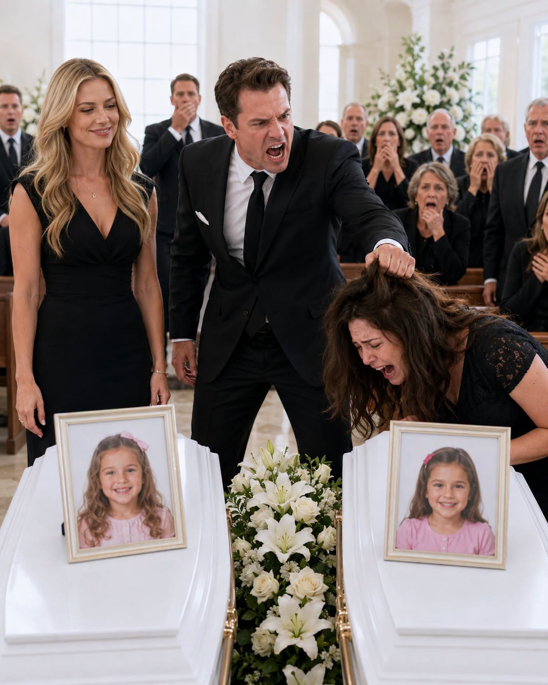 At my twins’ funeral, with their tiny coffins in front of me, my husband showed up beside his mistress and hissed, “God took them because He knew what kind of mother you were.” When I pleaded, “Please—just stay quiet today,” he sl@pped me, b@nged my head against a coffin, and whispered, “Say one more word, and you’ll be joining them.”