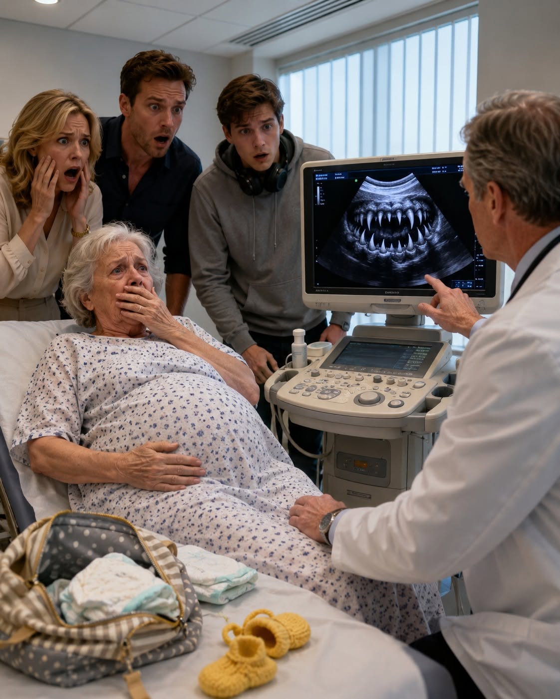 At 66 years old, Evelyn arrived at the gynecologist's office carrying a bag of diapers, insisting she was pregnant. But when the doctor looked at the ultrasound, he immediately asked her children to leave.