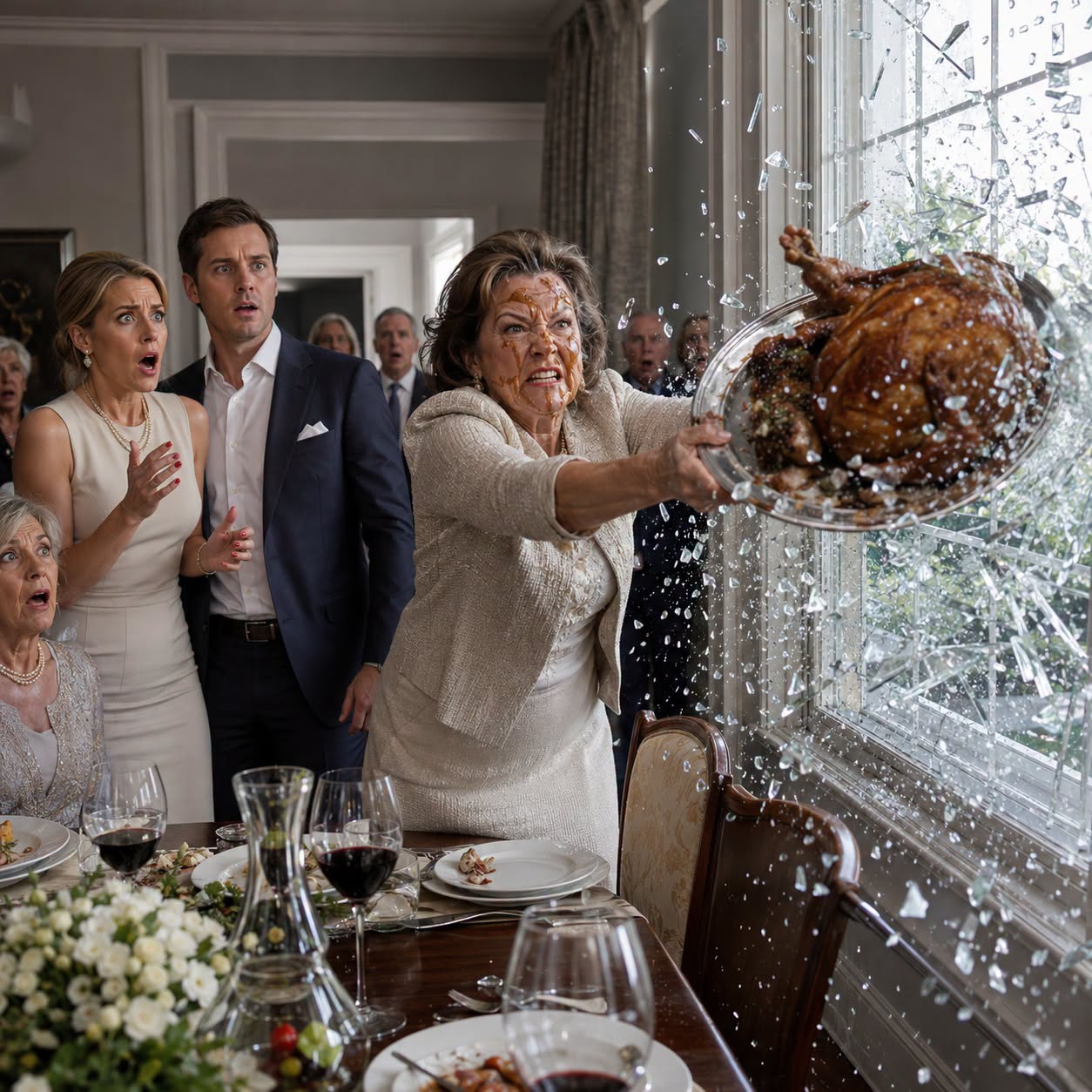 I spent six hours preparing a lavish dinner for my daughter-in-law's wealthy parents. Before they arrived, she tasted the gravy and deliberately spat it right in my face. "It's disgusting, just like you," she hissed. My son just patted her shoulder to calm her down, ignoring me completely. I quietly wiped my face, picked up the entire roasted turkey platter, and threw it straight through the dining room's glass window. The shattering crash made them both freeze in terror just as the doorbell rang...