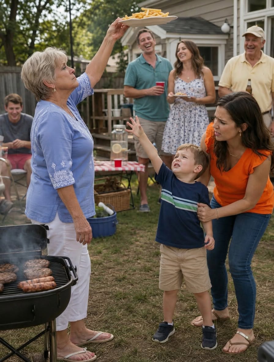 At our family barbecue, my four-year-old son asked for a few fries; my mother moved the plate out of reach and said, “Those are only for my real grandchild”; everyone laughed; I took his hand and walked him to a restaurant; before midnight, Mom was calling over and over; I replied with one word: “Remember...”