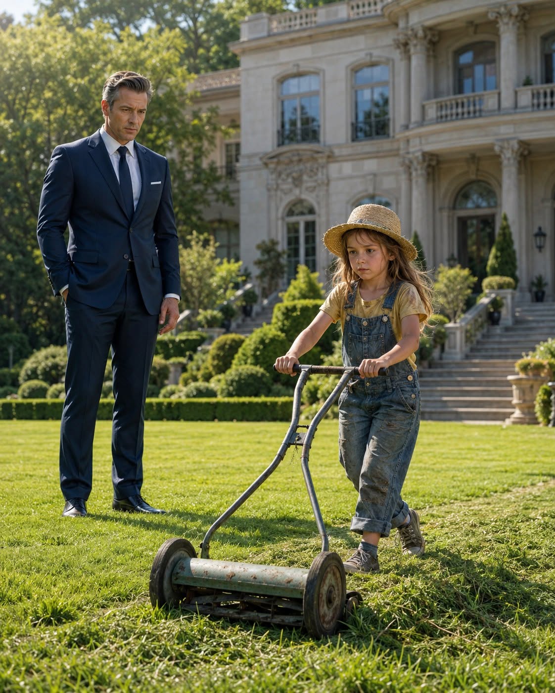 BILLIONAIRE FINDS POOR GIRL MOWING HIS LAWN – Her reason brings him to tears