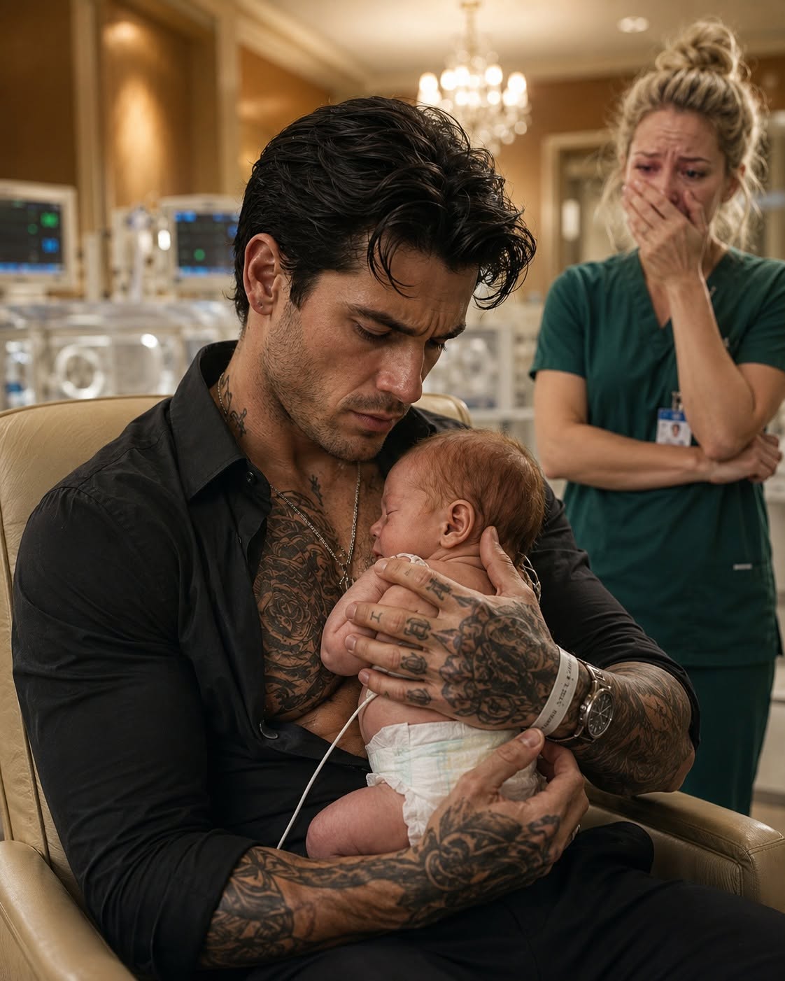 Every nurse in the NICU froze when Sebastian Moretti—the most feared crime boss in the city—walked through the doors and asked to hold the premature baby no one had ever visited. We assumed a man like him would be gone within minutes, but twelve hours later, he was still sitting in the same chair with the newborn sleeping against his chest—and when his sleeve slipped back, I saw the one thing that explained why he refused to leave.