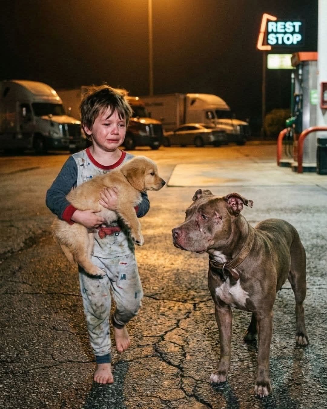 A scared seven-year-old boy suddenly ran toward my 70-pound pit bull, clutching a trembling puppy and whispering, “Please don’t let him take her.”