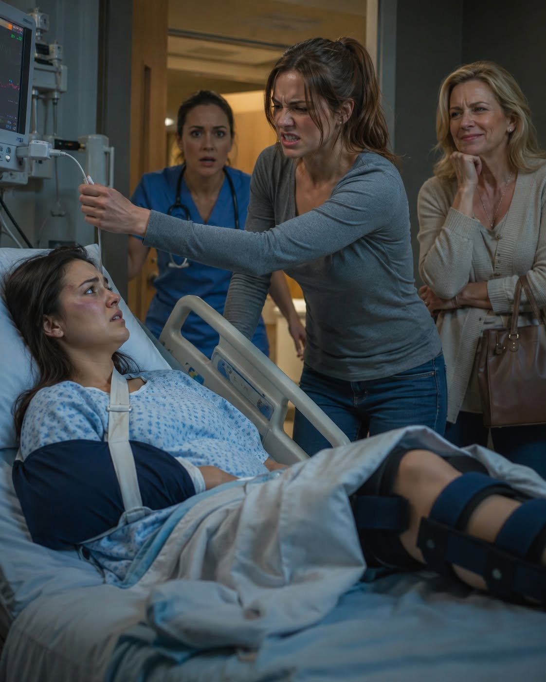 I was brui/sed, braced, and half-awake when my sister unplugged my heart monitor to prove I was dramatic. My mother laughed beside her. I said nothing - then the nurse stepped through the door and called the police before either of them could run.
